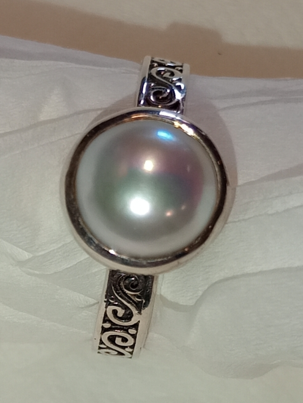 Pearl Sterling Silver Scroll Band Pearl Ring Bezel Set By Janice Girardi - Picture 6 of 16